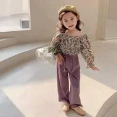 【新品未使用】小花柄ショート丈トップス＋リブワイドパンツセット パープル90