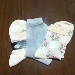 ソックス 3足セット ベージュ グレー 花柄 薄手
