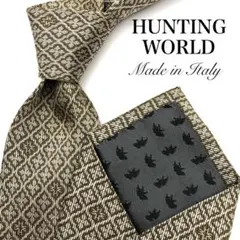 HUNTING WORLD ネクタイ 茶色 金色 幾何学模様 織柄 総柄 上質のサムネイル