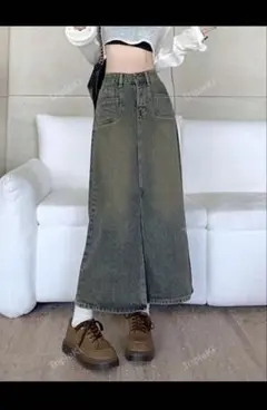 オリーブグリーン デニムロングスカート