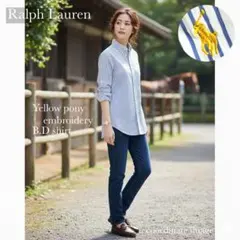 【美品】 ラルフローレン 高級 シャツ ストライプ ブルー M ポニー刺繍 ロゴ