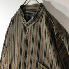 【個性派古着】長袖デザインシャツ　バンドカラー　ストライプ柄　メンズ LL