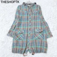 ザショップケー　チェックシャツ　ロング丈　マルチカラー　フード付き　配色
