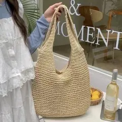 大人気】かごバッグ A4 トートバッグ ストローバッグ 超軽量 ベージュ