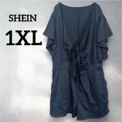SHEIN 【1XL】ブラック Vネック フロントタイ オールインワン フリル袖のサムネイル