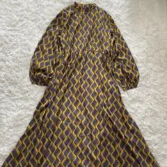 美品 antiqua アンティカ レトロ柄 イエロー系 ロングワンピース 総柄