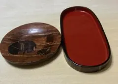 【伝統工芸品 樺細工】・桜皮・漆器おしぼり小物トレイ、茶托セット
