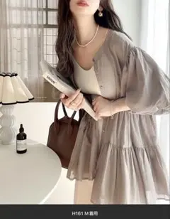 3way バルーンスリーブ　ティアード　シアー　シャツ　M