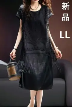 春夏　半袖ワンピース　ブラック　レース　大きいサイズ　ゆったり　膝丈ワンピース