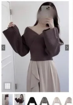 完売品 カシュクールボリュームスリーブショート丈ニットトップス rut624
