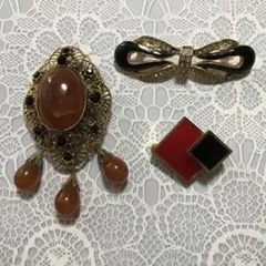 ゴールドトーン オレンジ石 ブローチ❣️3点セット