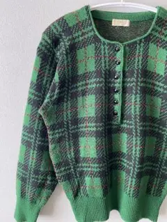 used 日本製 古着 チェック ジャガード スクエアカラー ニットセーター