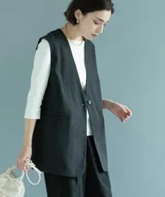 【美品】OPAQUE.CLIP　麻混ノーカラージレ　チャコールグレー　Mサイズ