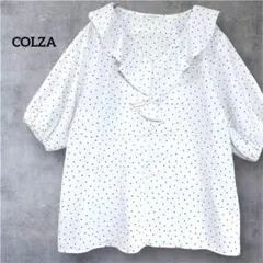 コルザ ドット柄 フリルブラウス L 白 黒 水玉 Vネック 五分袖 COLZAのサムネイル