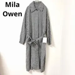 【新品】ミラオーウェン シャツライクヘンプステンカラーコート ロング チェック