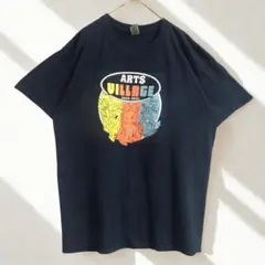 【美品】 Gildan、ネイビーTシャツ、アーツビレッジのプリント、コットン