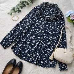 プリーツカラーブラウス シャツ 総柄 ヴィンテージ レトロ ネイビー 透け感