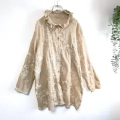 【gz57】Donna Wardrobe花柄刺繍 フリル襟 長袖シャツ ベージュ