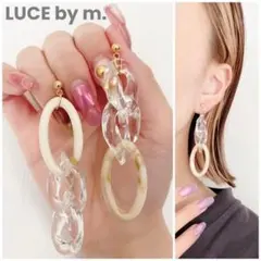 948 クリアチェーン ベージュマーブルフープ チェーンピアス イヤリング