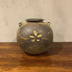 信楽焼 緑釉金花紋 双耳 丸花瓶 花器 花入 華道具 インテリア 22cm