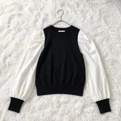 【WEGO】長袖 パフスリーブ ドッキングニット ボリューム袖 バイカラー 黒白