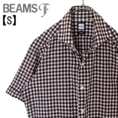 【美品】ビームスエフ S リネン ギンガム 半袖 スリム シャツ ブラウンのサムネイル