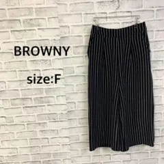 BROWNY ストライプ ワイドパンツ 裏起毛 パンツ ブラック　ウエストゴム