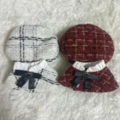 ぬい服 ケープ ポンチョ ベレー帽 チェック ツイード 赤 白 セット