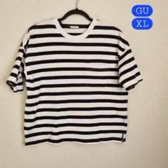 GU ジーユー ボーダーヘビーウェイトT 5分袖 ポケットTシャツ XL 白 黒