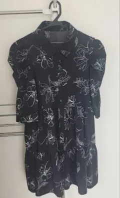 手描花柄 半袖シャツワンピース 黒