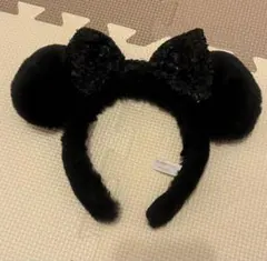 ミッキー耳 黒カチューシャ スパンコールリボン　もこもこ　ふわふわ