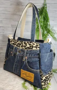 [デニムリメイク]　サイドポケット付きトートバッグ(中)　№85