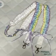 クシュクシュ　ショルダーストラップ　ホワイト　虹色レース　紫リボン　アンティーク