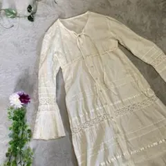 ワンピース　ブラウス　ロング　透け感　ボウタイ　リボンタイ　袖フレア　F