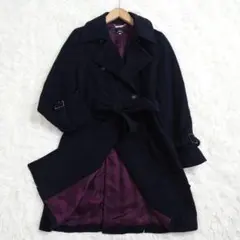 イネド　ロングコート　ダブル　ベルト　Aライン　黒　裏地ボルドー　9号　M