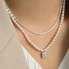 パール チェーン ペンダント ネックレス 2本セット シルバー イミテーション