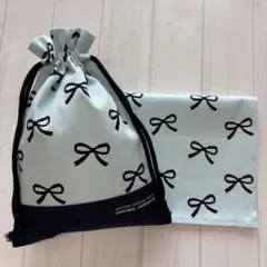 巾着袋　ランチョンマット35×45セット　韓国風リボン（水色）×紺