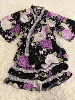 薔薇柄 浴衣風セットアップ 黒×紫 レース フリル 姫系