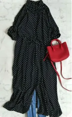 BEAUTY&YOUTH ドットフリルスタンドカラー6分袖ワンピース　2way黒