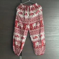 【タイパンツ】象柄 レッド レーヨン素材