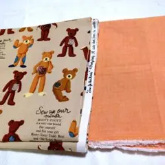 テディベアプリント生地＆無地オレンジ色2点セット売り