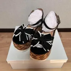 【新品未使用】サンダル　s 22.5 リボン　厚底　ヨースケ　黒　レディース
