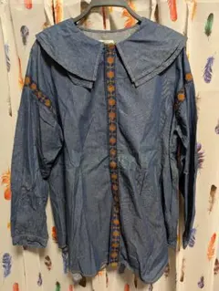 新品☆CUBE SUGAR デニムシャツ長袖インディゴブルーM大きいサイズ襟あり