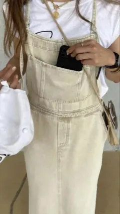 ベージュ デニム ロングサロペット