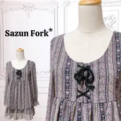 『Sazun Fork』チュニック/ブラウス【M】グレー 小花柄 ストライプ