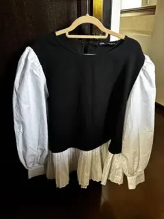 週末限定価格‼️ZARA ブラック・ホワイト プリーツ長袖シャツ Lサイズ