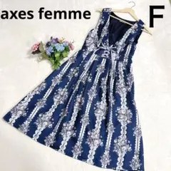 axesfemme ワンピース　クラシックローズ柄　リボン　ジャンスカ　ネイビー