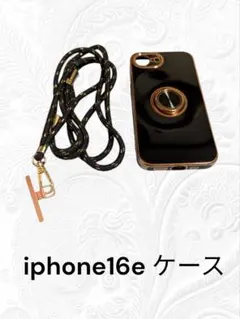 iPhone 16e ケース ブラック・ゴールド ストラップ付き