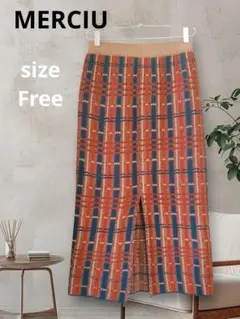 【MERCIU】チェック柄 ニットタイトスカート スリット