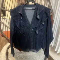 ZARA ダークデニム フリル長袖シャツ M